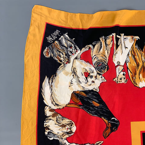 Vintage BOB MACKIE Red Tan Dog Print Silk Scarf