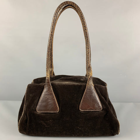 MIU MIU Brown Distressed Velvet Satchel Leather Handbag