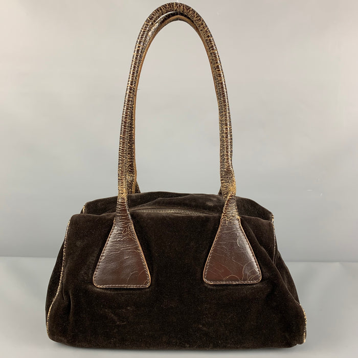 MIU MIU Brown Distressed Velvet Satchel Leather Handbag
