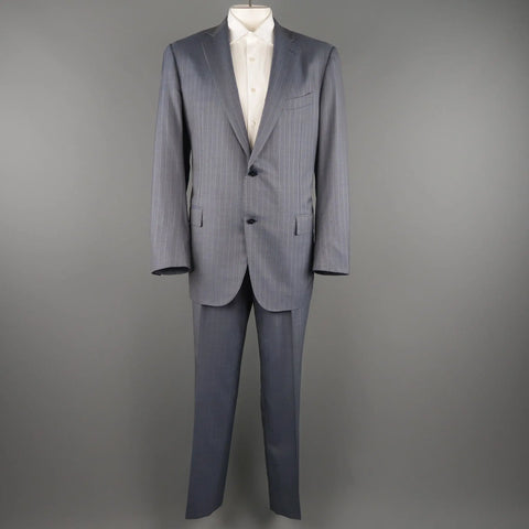ERMENEGILDO ZEGNA 48 Long Blue Striped Wool Single Breasted Notch Lapel Suit ERMENEGILDO ZEGNA