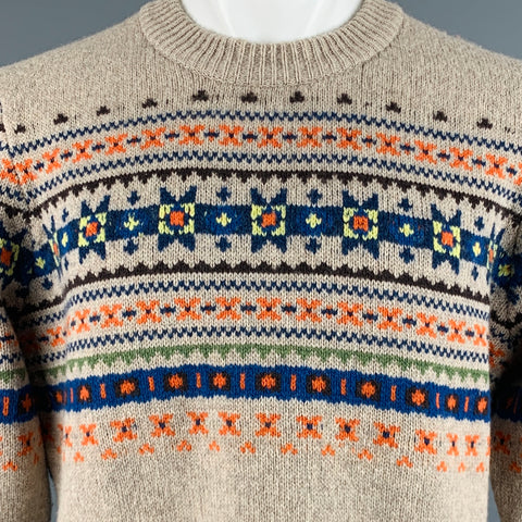 JOSEPH Size M Grey Blue Fair Isle Wool Crew-Neck Sweater