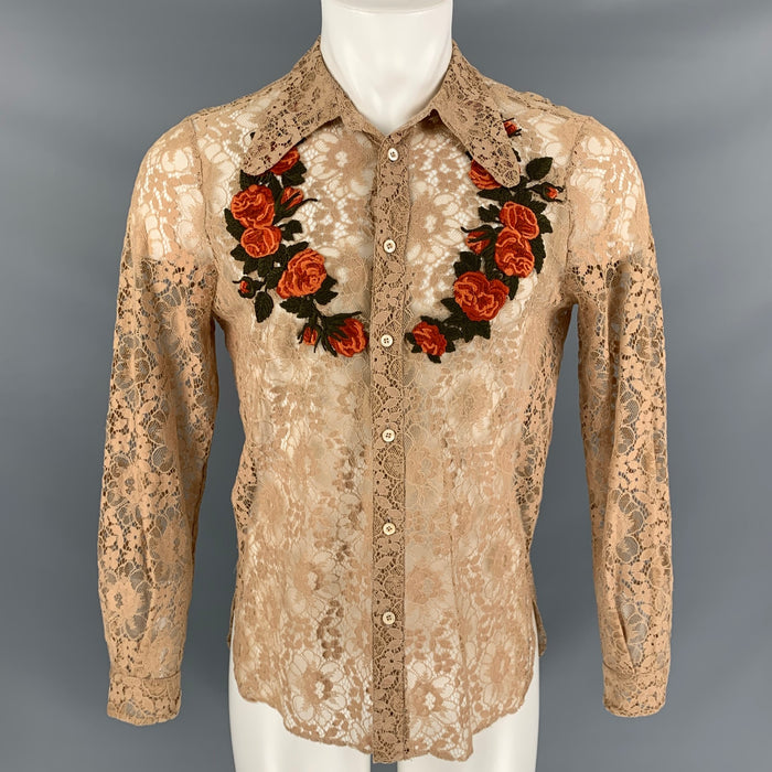 GUCCI SS 16 Size S Beige & Orange Lace Applique Polyamide Blend Button Down Long Sleeve Shirt