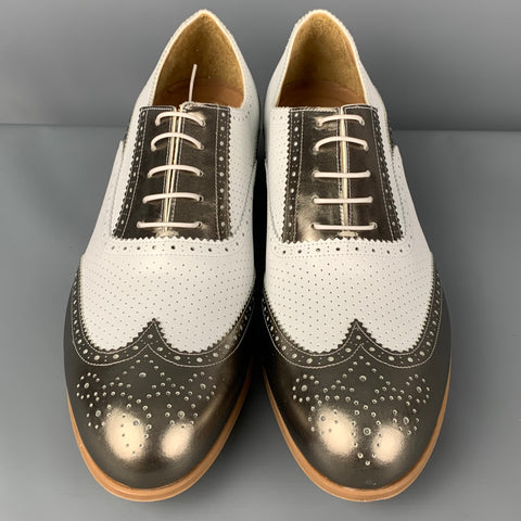 EMPORIO ARMANI Size 10 White Metallic Perforated Leather Spectator Lace Up Shoes