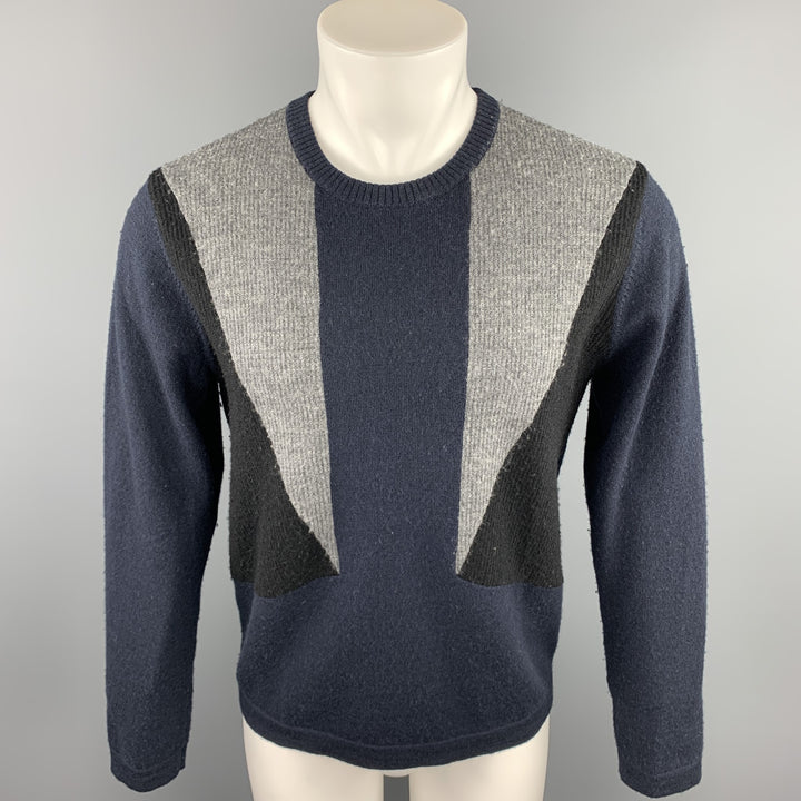 YMC Talla M Jersey de lana con cuello redondo y bloques de color azul marino y negro