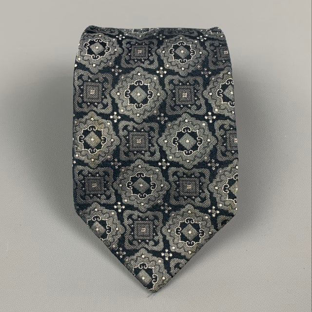vintage GIANNI VERSACE Cravate en soie baroque argentée marine