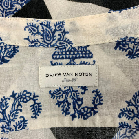 DRIES VAN NOTAN Talla 4 Azul Blanco Negro Algodón Nehru Collar Blusa