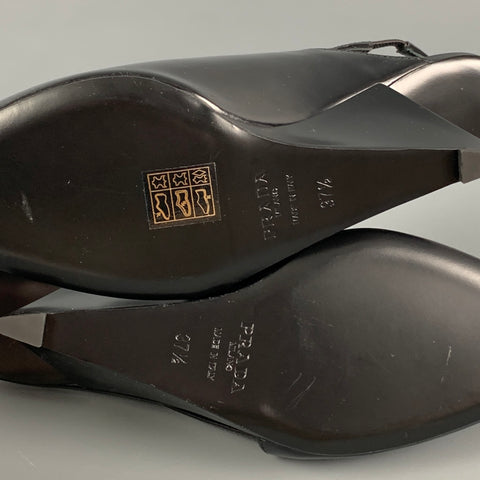 PRADA Size 7.5 Black Leather Slingback Wedge Pumps