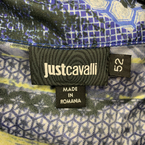 JUST CAVALLI Size L Navy & Yellow Print Silk French Cuff Long Sleeve Shirt