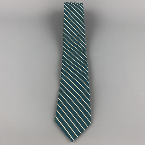 MICHAEL BASTIAN Green & White Diagonal Striped Silk Tie