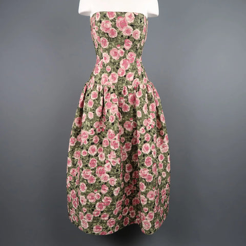 BILL BLASS Size 8 Pink & Green Rose Print Cocktail Dress & Mink Jacket Set BILL BLASS