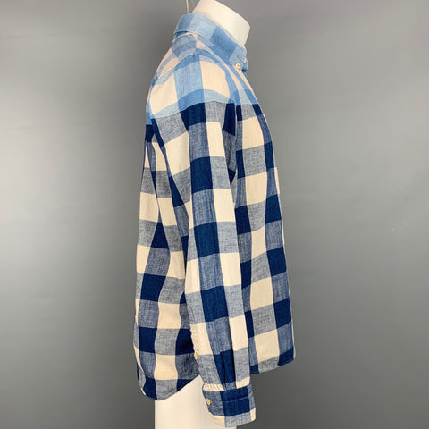 TS (S) Talla M Camisa Manga Larga Algodón/Lino Cuadros Azul &amp; Crema