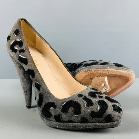 PRADA Size 5 Grey Black Suede Aplique Platform Pumps