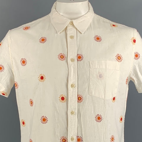 CORRIDOR Size L White Orange Linen / Cotton Short Sleeve Shirt