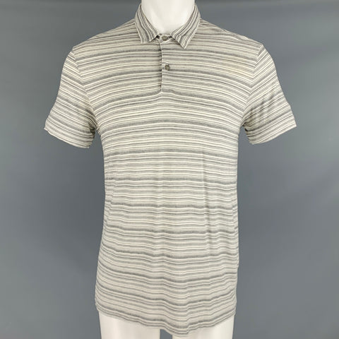 THEORY Size M White Grey Stripe Viscose Blend Short Sleeve Polo