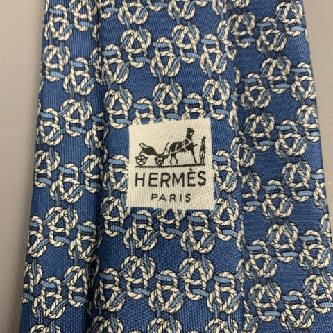 HERMES 792 MA  Blue & Cream Knot Print Silk Tie