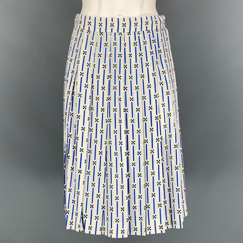 PRADA Size 4 White Blue Viscose Elastane Stripe Pleated Mid-Calf Skirt