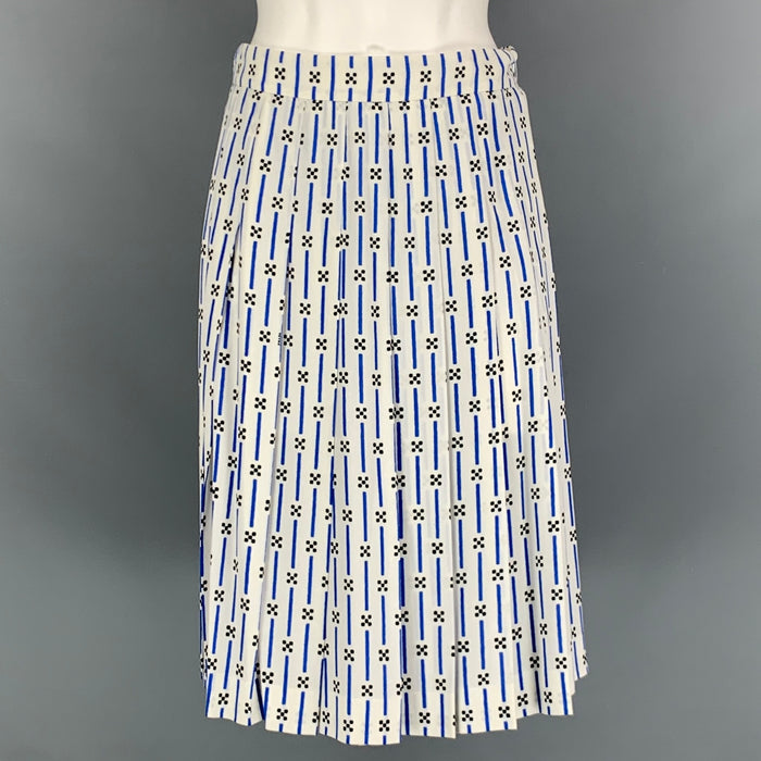 PRADA Size 4 White Blue Viscose Elastane Stripe Pleated Mid-Calf Skirt
