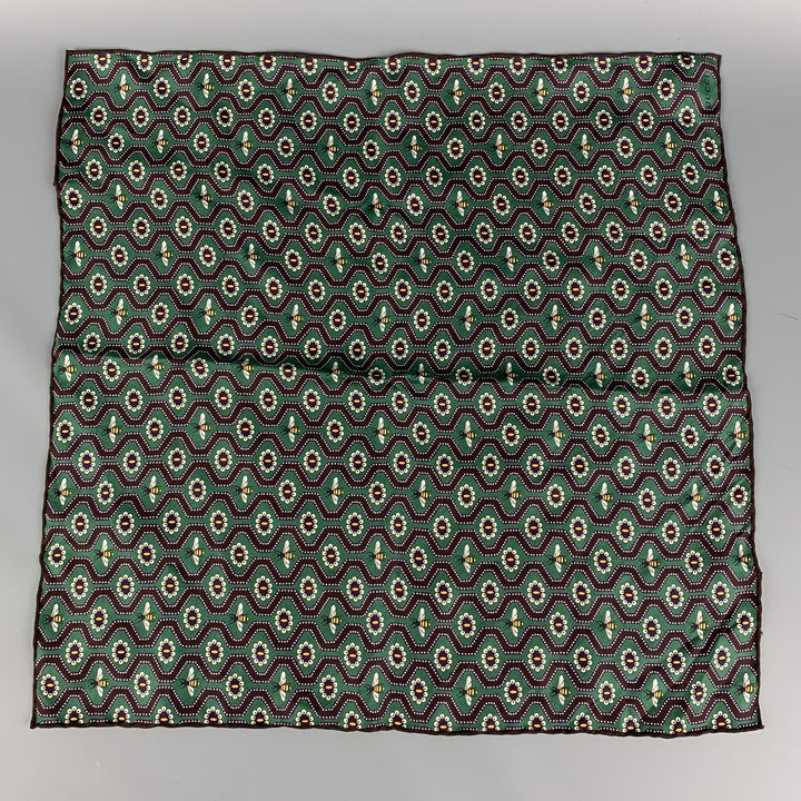 GUCCI Green & Brown Bee Print Silk Pocket Square