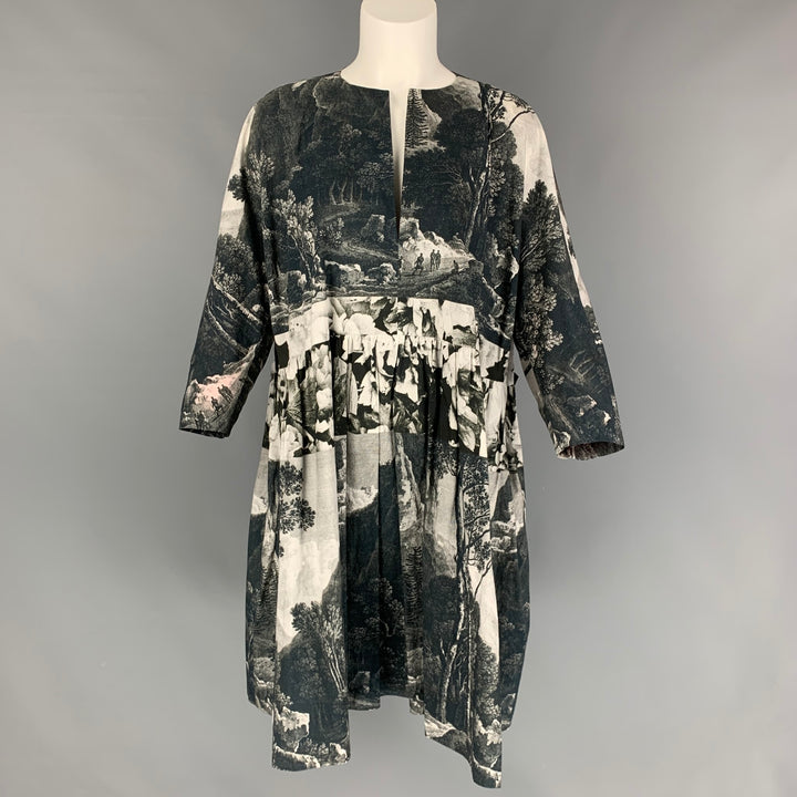 DRIES VAN NOTEN Spring 2012 Size S Charcoal White Tapestry Cotton Pleated Oversized Dress