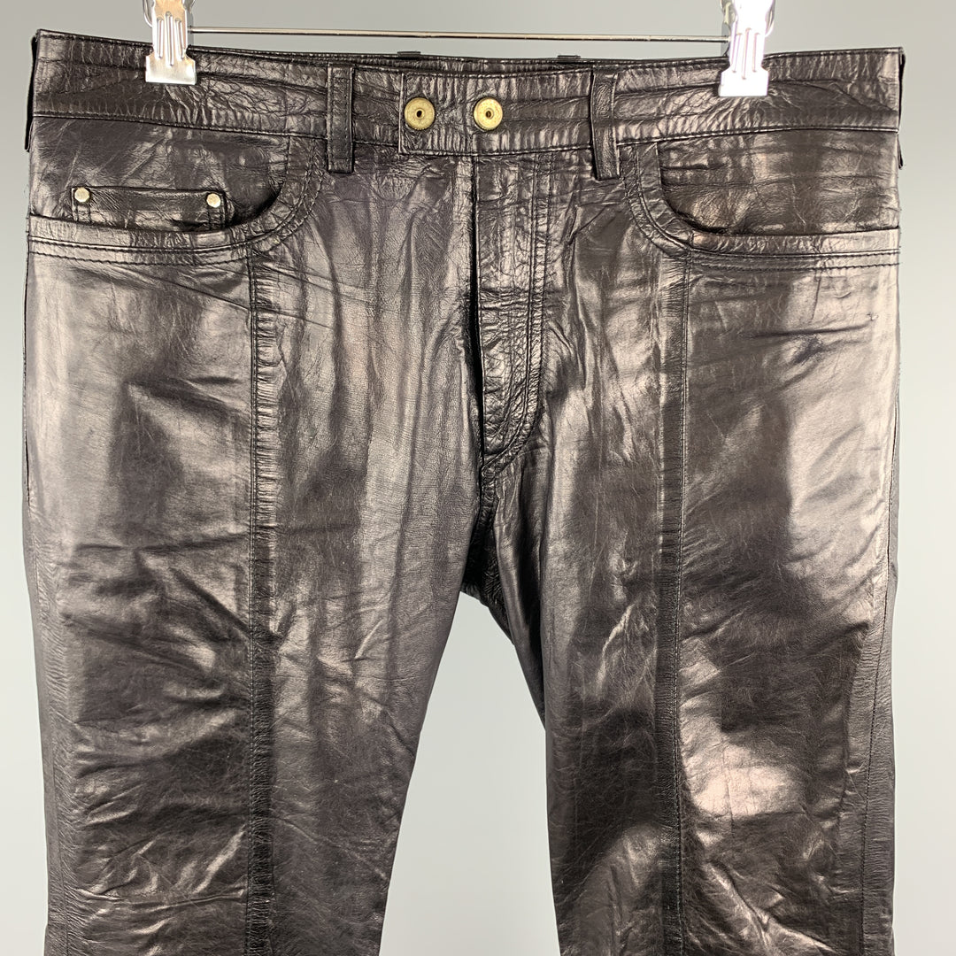 DIESEL Size 30 Black Leather Zip Fly Snap Biker Jeans