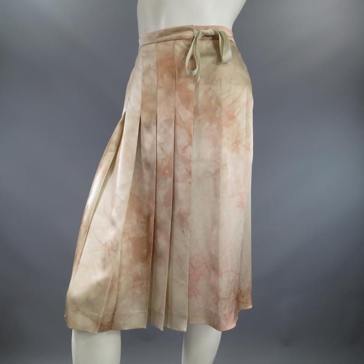 PRADA US 4 / IT 40 Beige & Blush Marbled Silk Satin Pleated Wrap Skirt