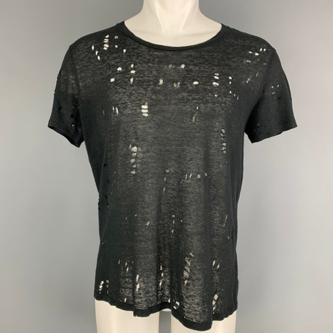 IRO Size S Black Distressed Linen Crew-Neck T-shirt