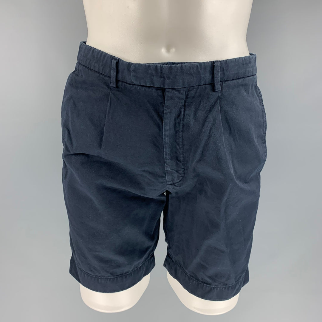 BOGLIOLI Size 30 Navy Cotton  Linen Pleated Shorts
