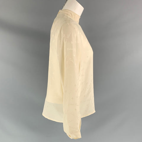 CELINE Size 4 Cream Silk Signature Print Long Sleeve Blouse
