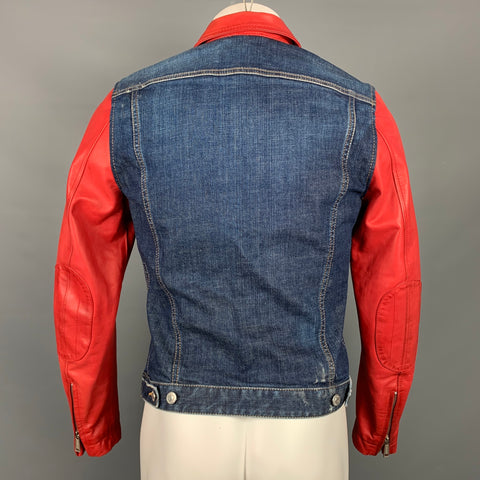 DSQUARED2 Size 38 Indigo & Red Wash Denim Leather Trim Trucker Jacket