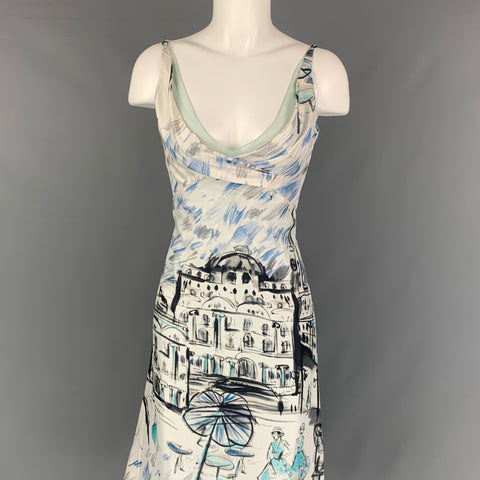 RICHARD TYLER Talla 10 Vestido de cóctel sin mangas con dibujo de seda azul blanco
