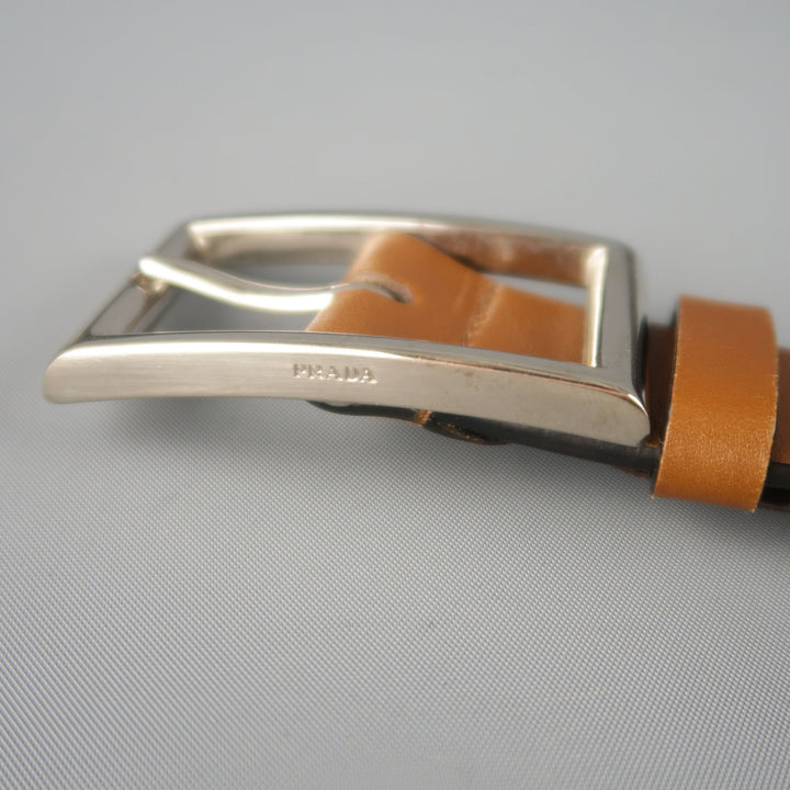 PRADA Tan Leather Silver Rectangle Buckle Belt