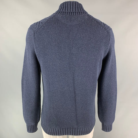 BRUNELLO CUCINELLI Size L Navy Knitted Cotton / Polyamide Shawl Collar Sweater