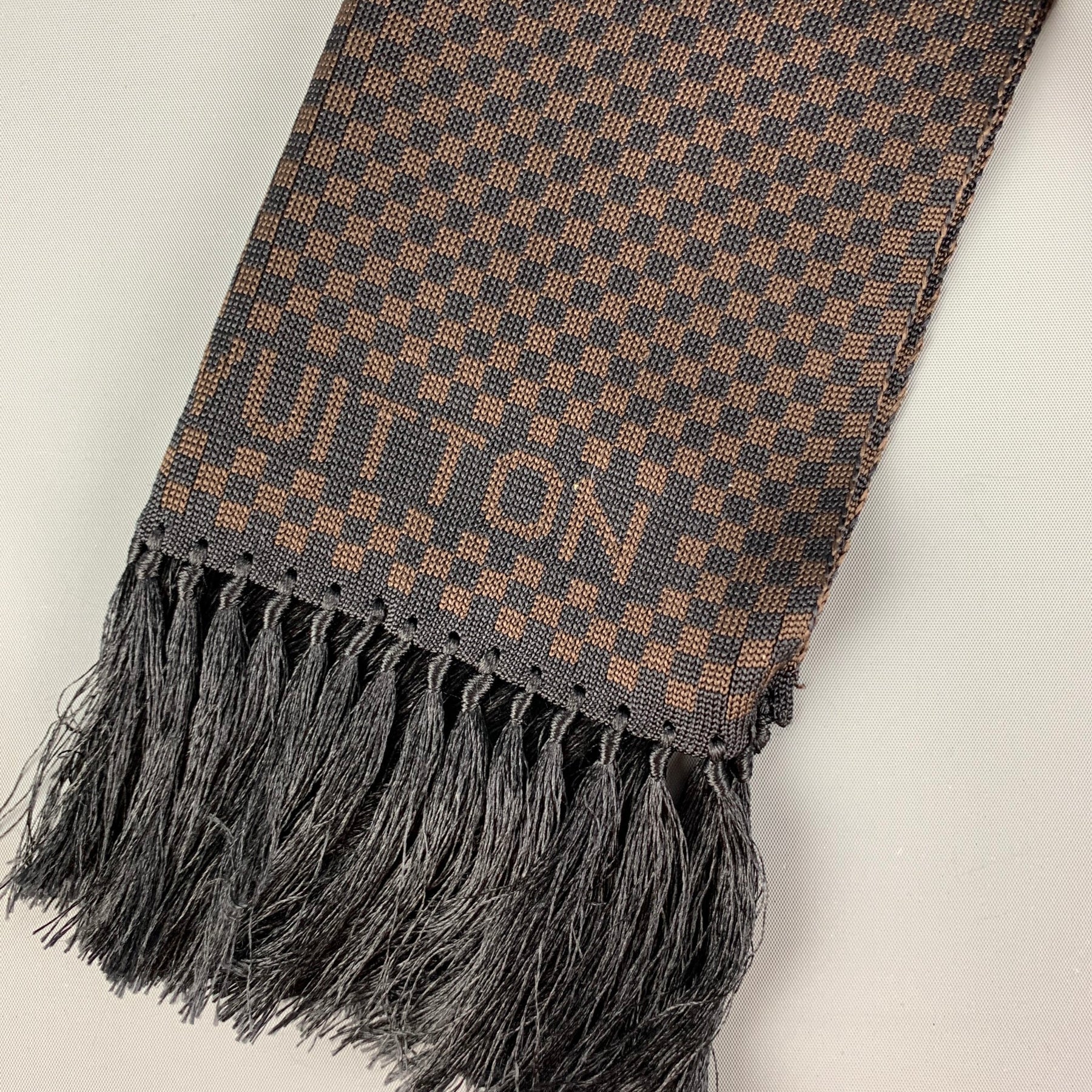 LOUIS VUITTON Black Brown Damier Silk Fringe Scarf