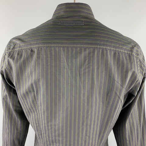 PRADA Size L Gray & Navy Stripe Cotton Button Up Long Sleeve Shirt