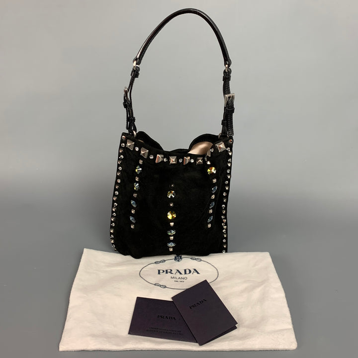 PRADA Black Suede Embellished Rhinestones Evening Handbag