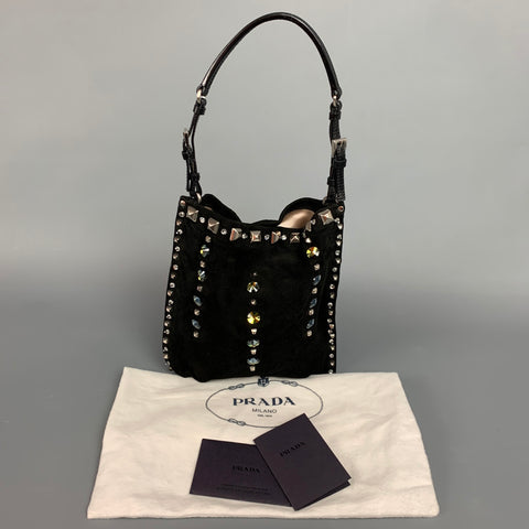 PRADA Sac à main de soirée en daim noir orné de strass