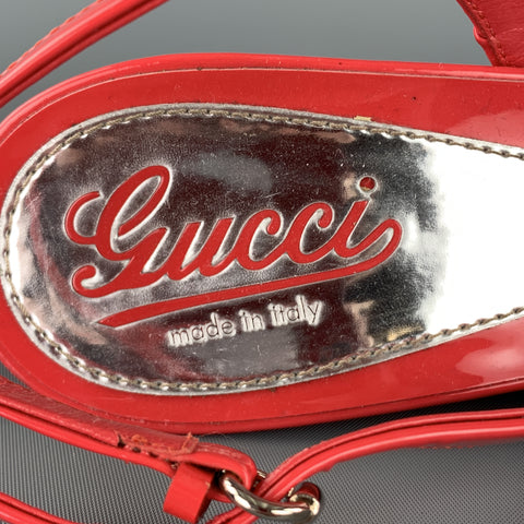 GUCCI Size 9.5 Coral Red Patent Leather Platform Peep Toe Slingback Wedges