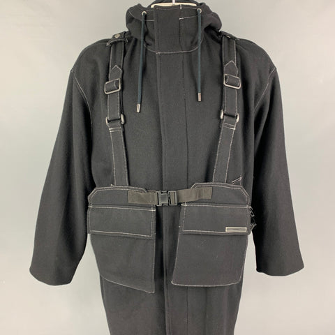 CHRISTIAN DADA Size 38 Black Contrast Stitch Wool Hooded Melton Coat
