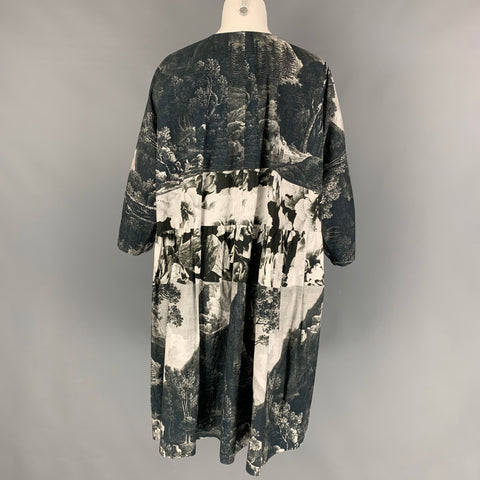 DRIES VAN NOTEN Spring 2012 Size S Charcoal White Tapestry Cotton Pleated Oversized Dress