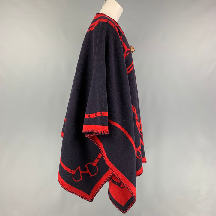 RALPH LAUREN Size One Size Navy Red Wool Nylon Equestrian Leather Trim Cape