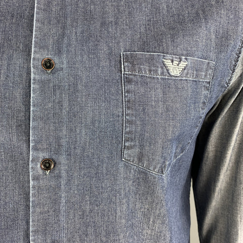 EMPORIO ARMANI Size XL Indigo Two Toned Cotton Button Down Long Sleeve Shirt