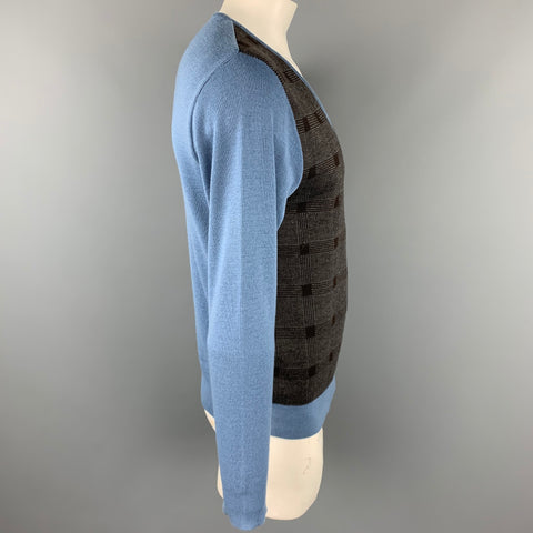 ETRO Size XL Blue & Charcoal Plaid Merino Wool V-Neck Sweater