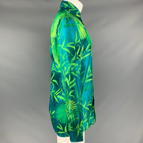 VERSUS by GIANNI VERSACE Size 36 Blue Green Leaves Silk Long Sleeve Shirt