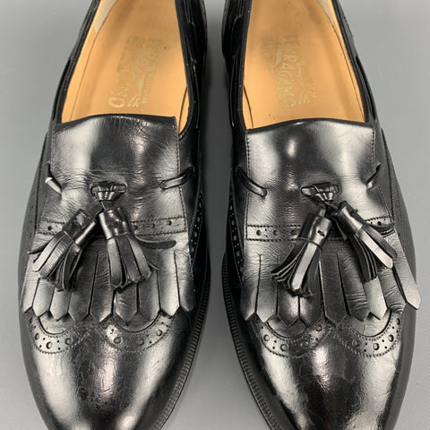 SALVATORE FERRAGAMO Size 11.5 Black Leather Eyelash Tassel Loafers