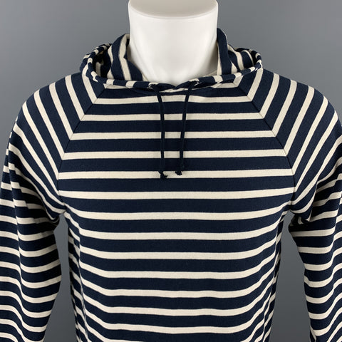 SAINT JAMES Talla M Sudadera con bolsillos de canguro y capucha de algodón a rayas azul marino y crema