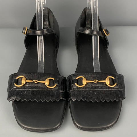 GUCCI Size 13 Black Fringe Leather Horsebit Sandals