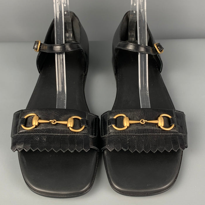 GUCCI Size 13 Black Fringe Leather Horsebit Sandals