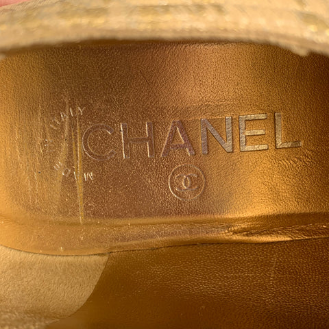 CHANEL Size 9 Gold Fabric Platform Flats