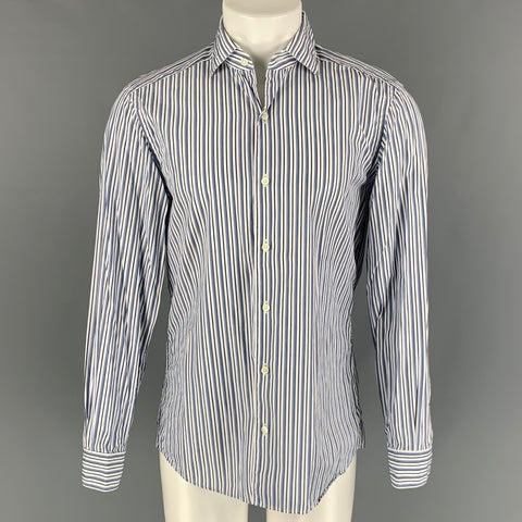 ERMENEGILDO ZEGNA Size M White & Navy Stripe Cotton Long Sleeve Shirt