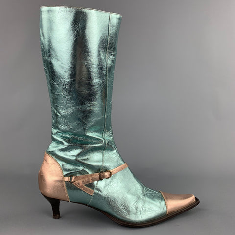 PAOLO IANTORNO Talla 6.5 Botas de charol color aguamarina y oro rosa